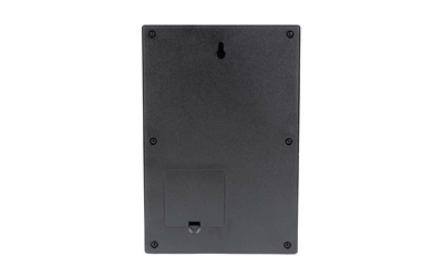 Back of black wall-mounted device with battery compartment