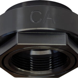 Black metal threaded hex nut with CA engraving