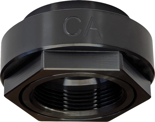 Black metal threaded hex nut with CA engraving