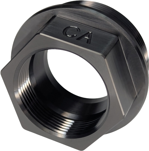 Black metal hex threaded nut with CA engraving