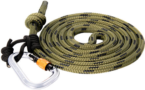 Coiled green rope with attached carabiner