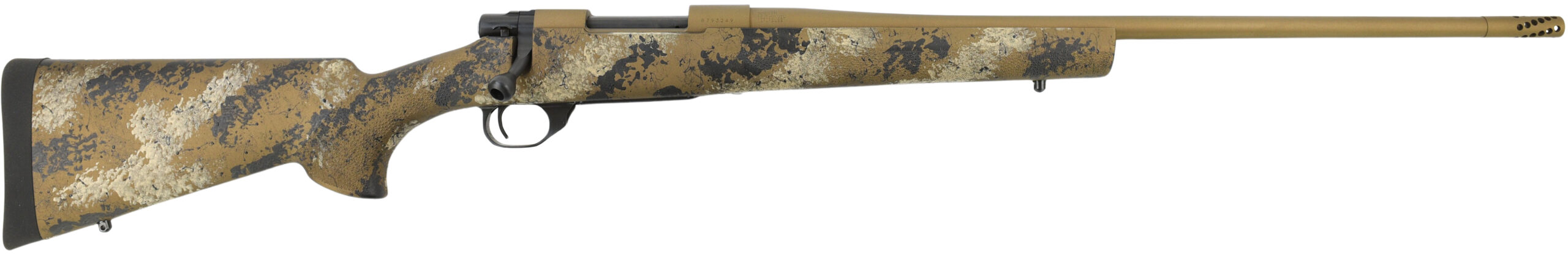 Camouflage bolt-action hunting rifle on white background