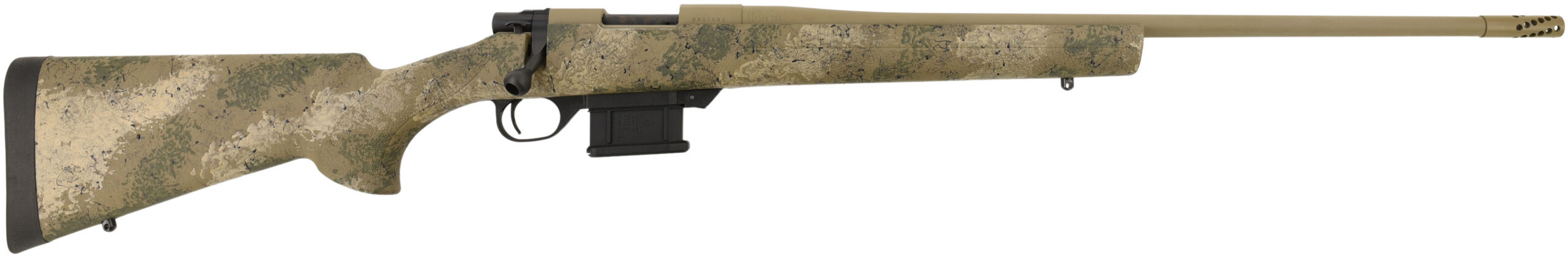 Camouflage bolt-action rifle with long barrel