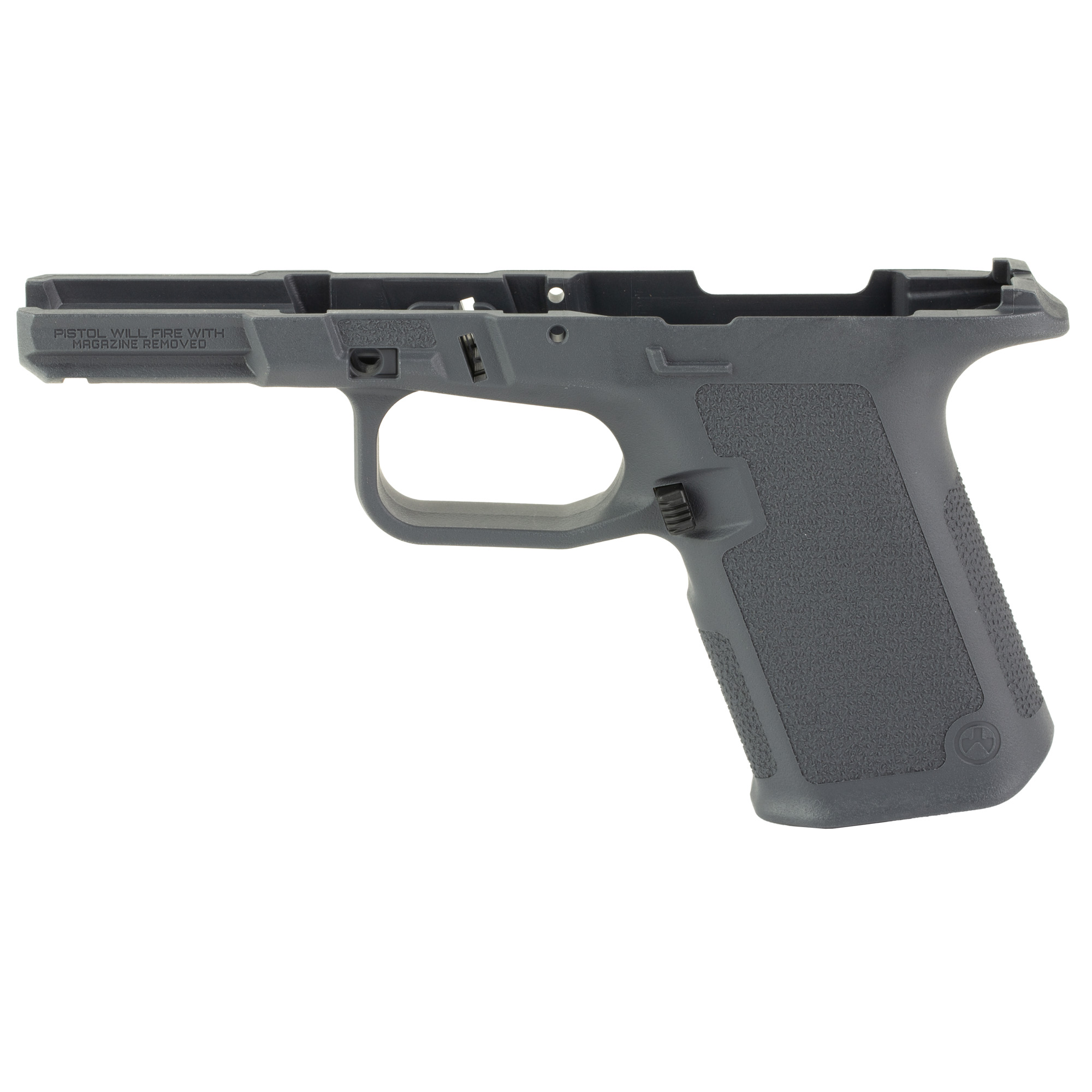 Polymer handgun frame without slide on white background