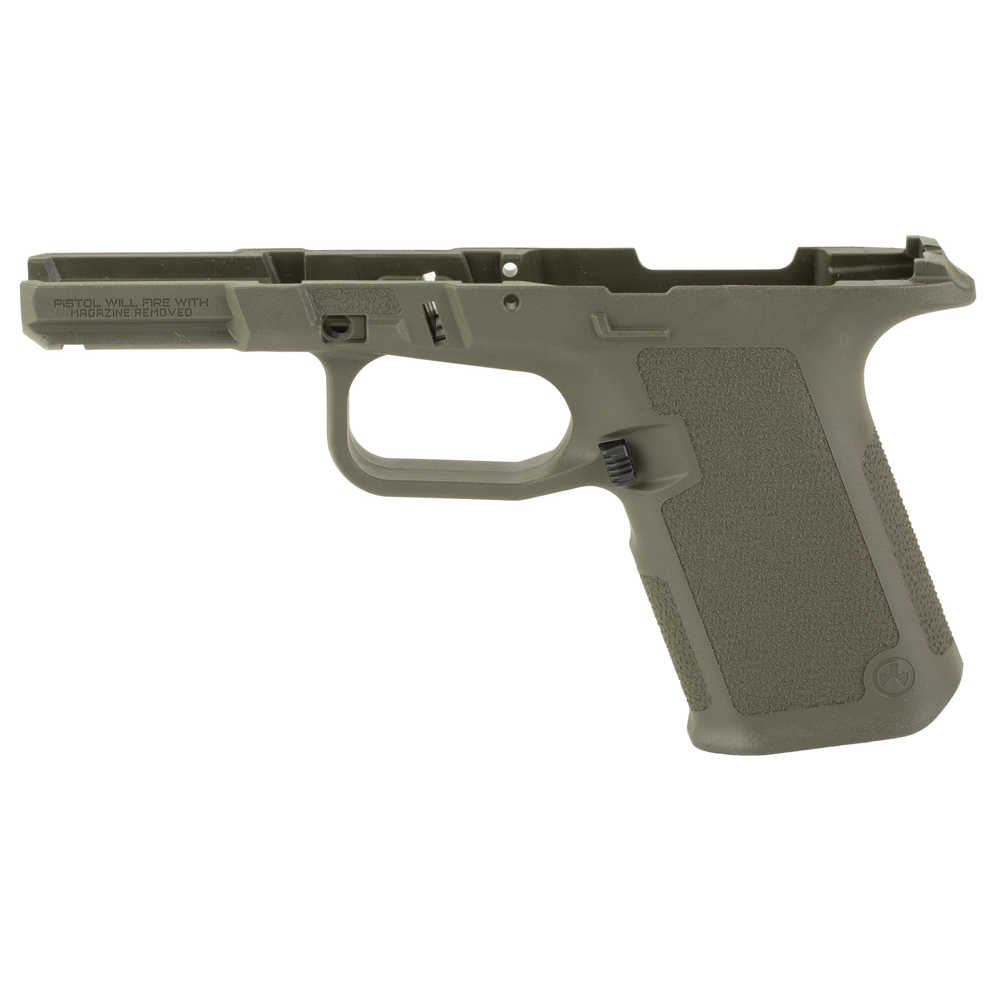 Olive green polymer handgun frame on white background
