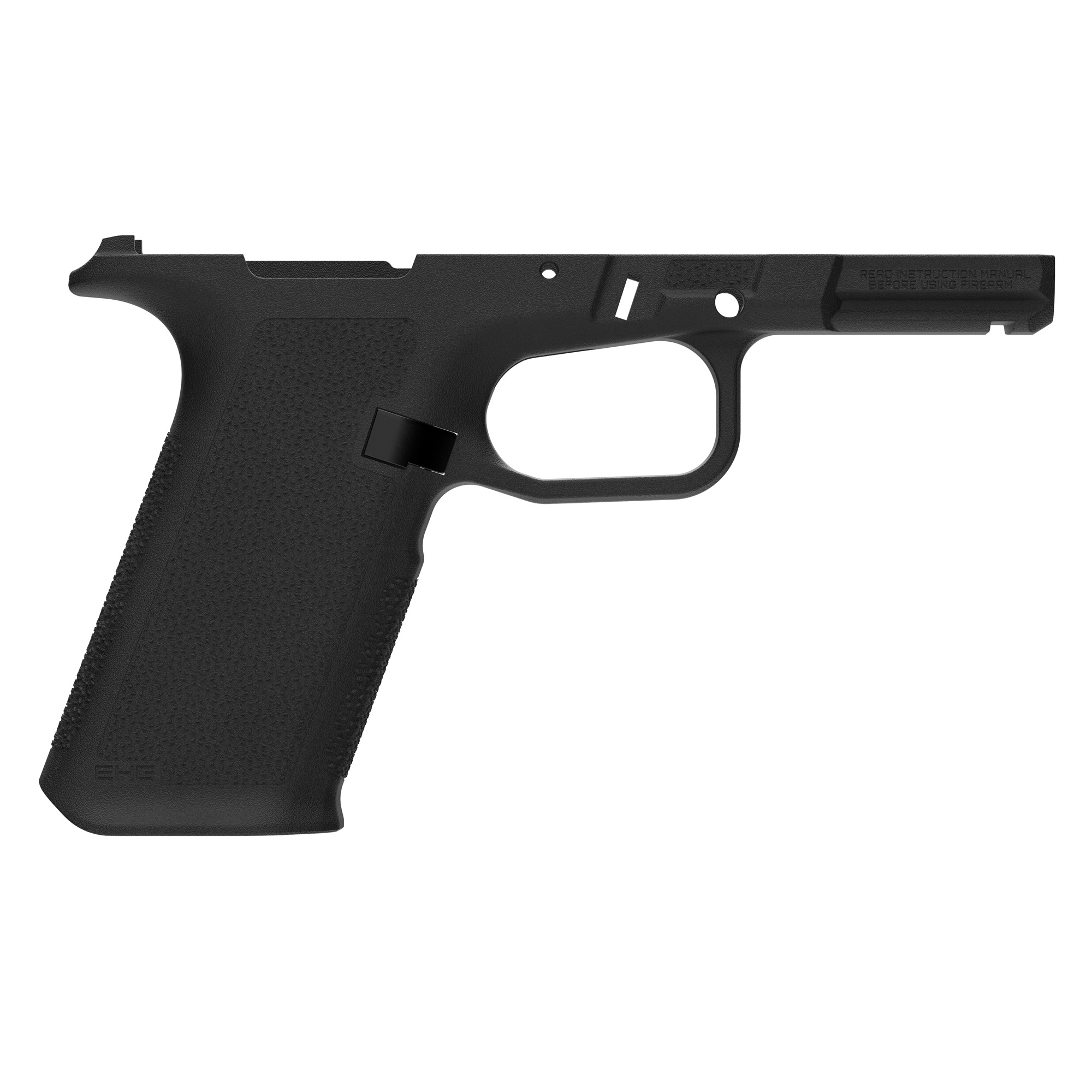 Black polymer handgun frame isolated on white background