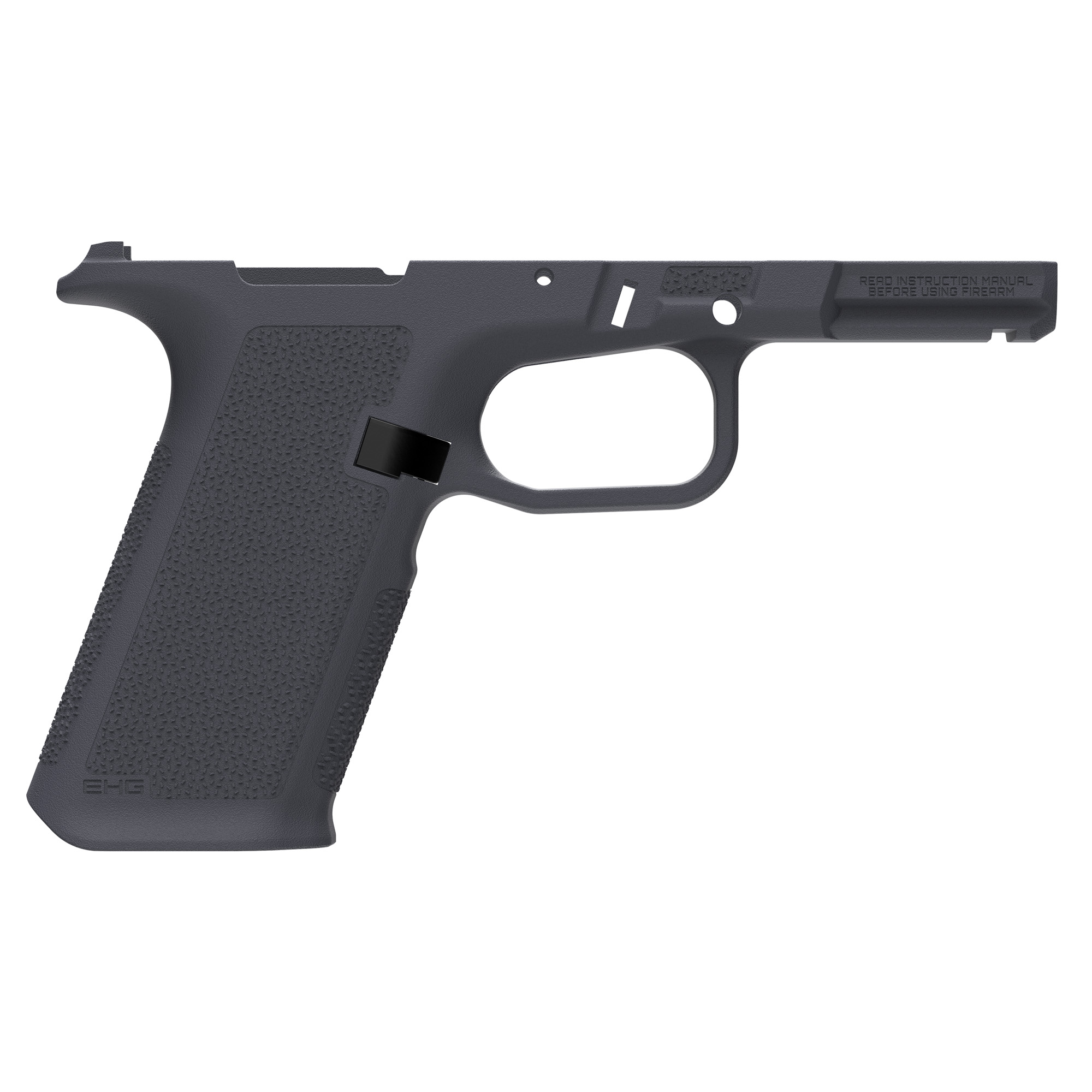 Polymer handgun frame without slide on white background