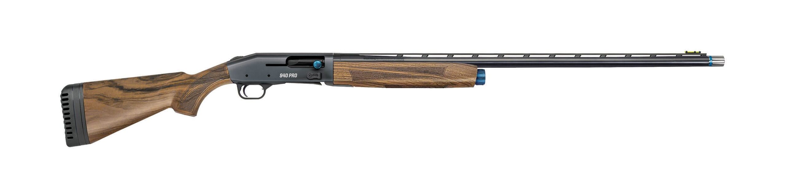 Side view of wooden-stock shotgun on white background