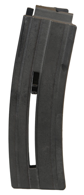 Curved black rifle magazine on white background
