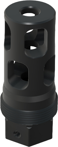 Black metal muzzle brake with side ports