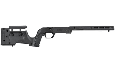 Black tactical rifle chassis on white background