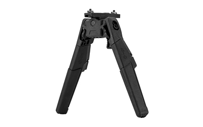 Black adjustable rifle bipod on white background
