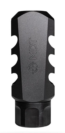 Black MDT muzzle brake on white background