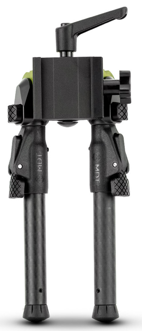 Adjustable black firearm bipod with mounting clamp
