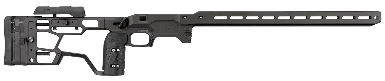 Black precision rifle chassis with adjustable stock