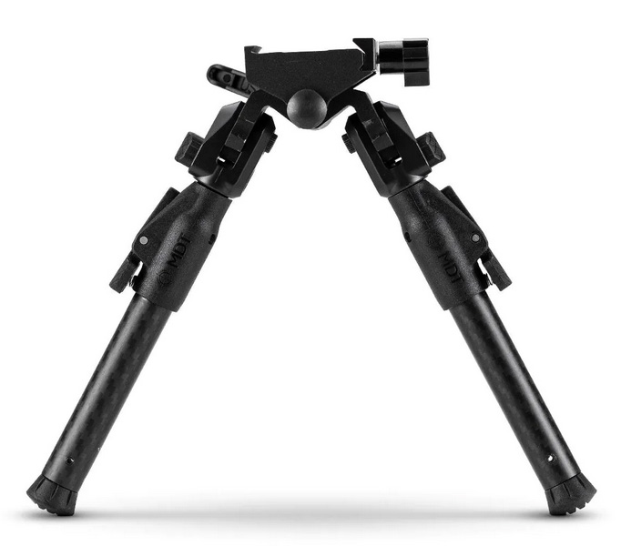 Black adjustable rifle bipod on white background