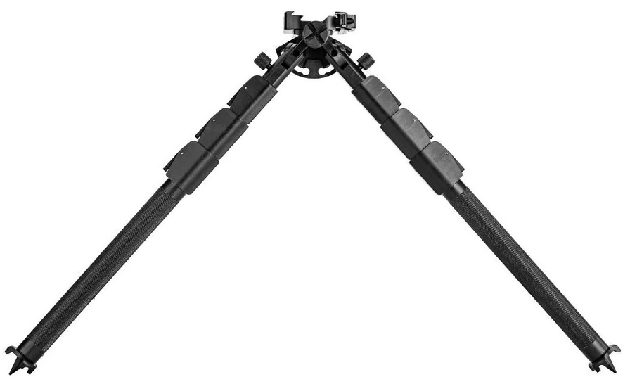 Black adjustable rifle bipod with textured legs