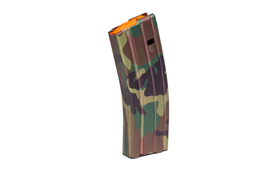 Camouflage rifle magazine on white background