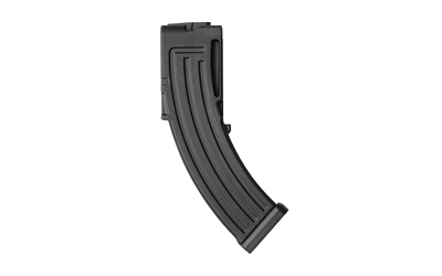 Curved black rifle magazine on white background