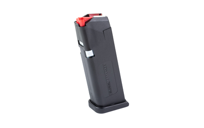 Black pistol magazine with red follower