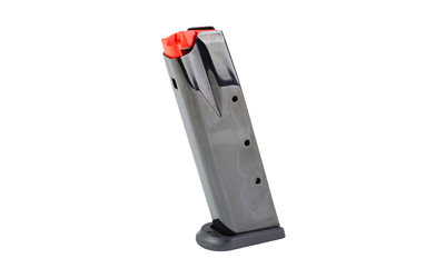 Handgun magazine with orange follower on white background