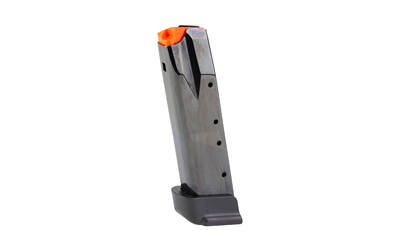 Handgun magazine with orange follower on white background