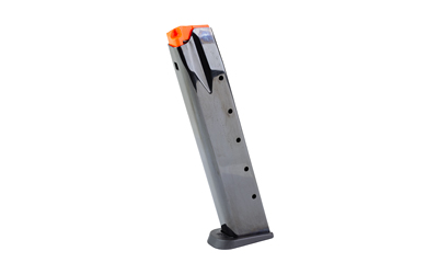 Handgun magazine with orange follower on white background