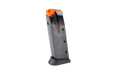 Handgun magazine with orange follower on white background