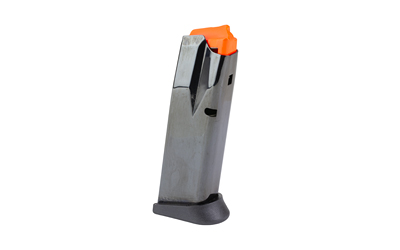 Handgun magazine with orange follower on white background