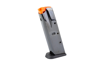 Handgun magazine with orange follower on white background