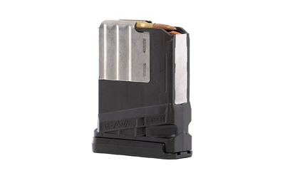 Metal and polymer rifle magazine on white background