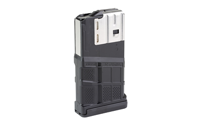 Black and silver rifle magazine on white background