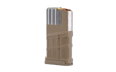 Tan polymer rifle magazine on white background