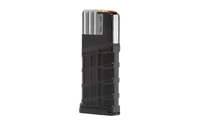 Black polymer rifle magazine on white background
