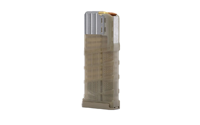 Translucent tan rifle magazine with visible cartridges