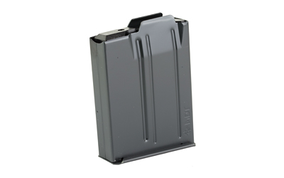 Gray metal rifle magazine on white background