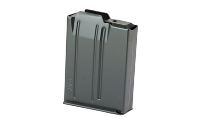 Gray metal rifle magazine on white background