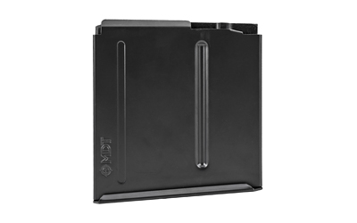 Black metal rifle magazine on white background