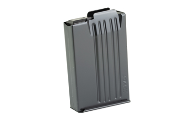 Gray metal rifle magazine on white background