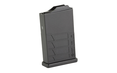 Black detachable rifle magazine on white background
