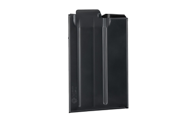 Black metal firearm magazine on white background