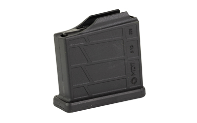Black detachable rifle magazine on white background