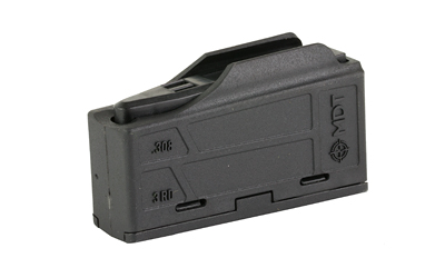 Black polymer rifle magazine on white background