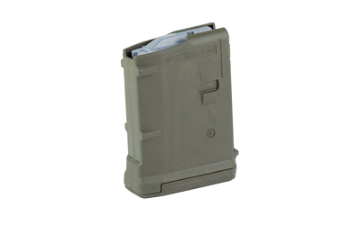 Olive drab polymer rifle magazine on white background