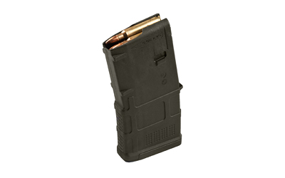 Rifle magazine with visible cartridges on white background