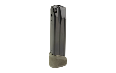 Black pistol magazine with extended base plate