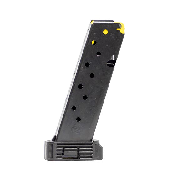 Black handgun magazine with yellow follower tip