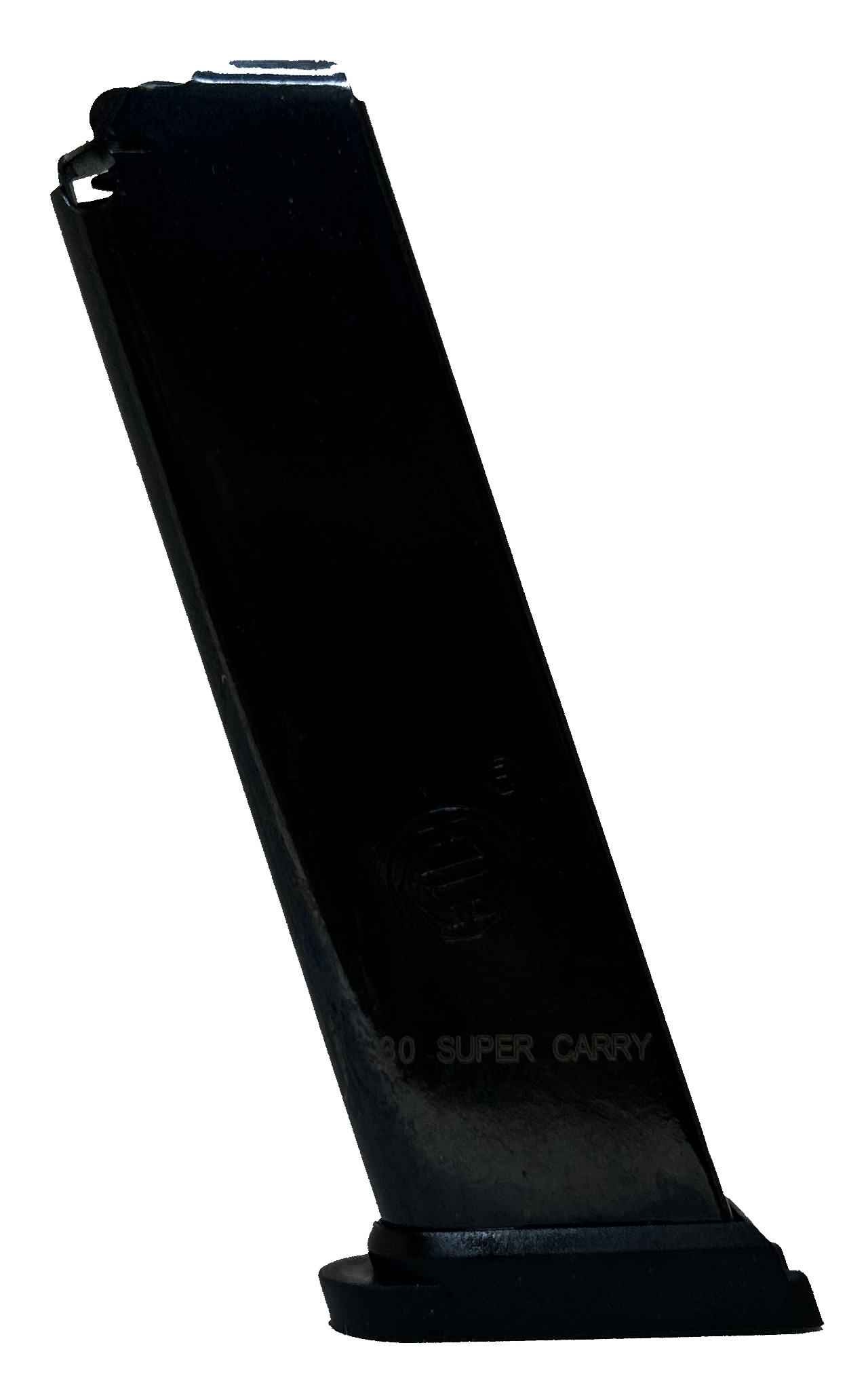 Black handgun magazine on white background
