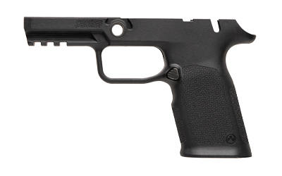 Black polymer handgun frame on white background