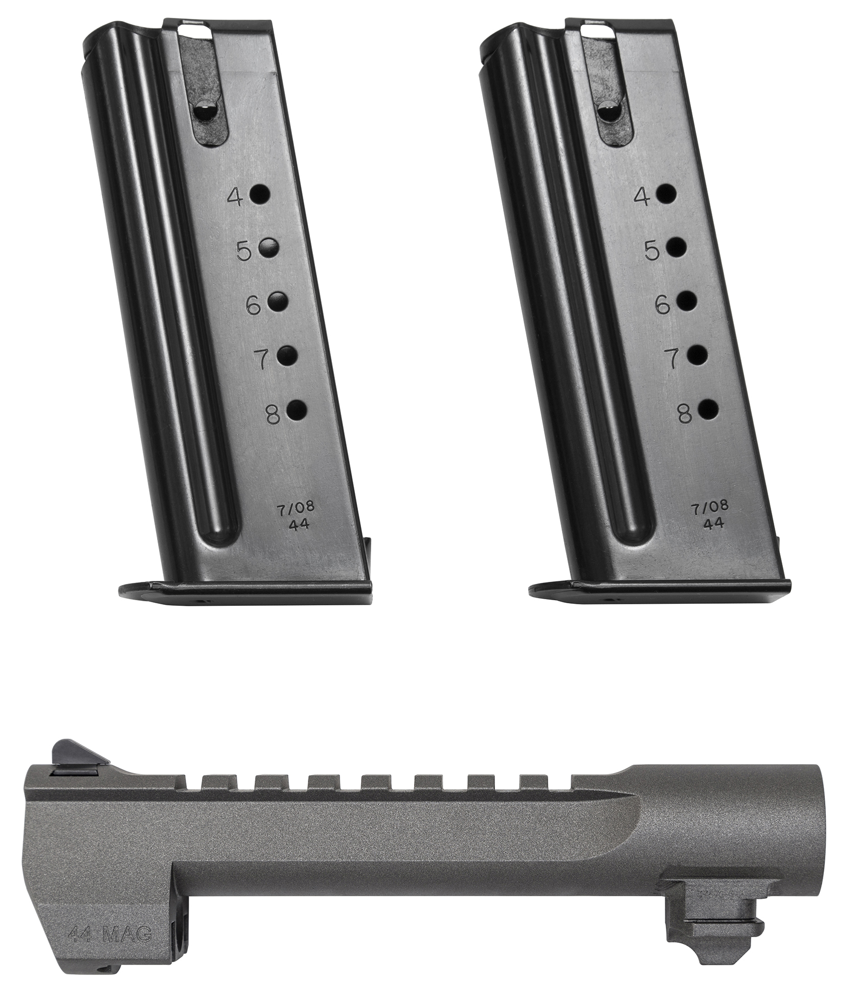 Two handgun magazines and .44 Magnum slide
